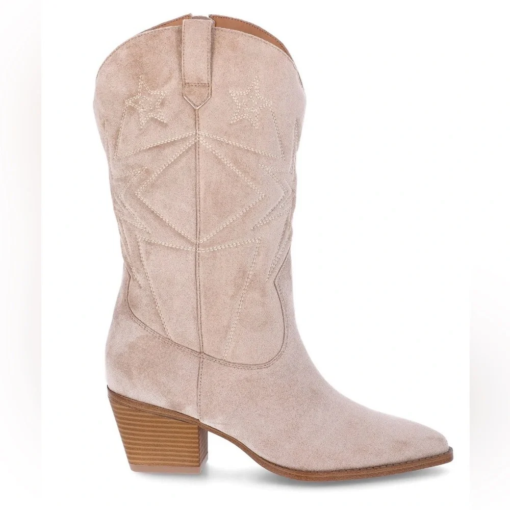 Time and Tru Embroidered Cowboy Boots Sand Faux Suede Wide Sz 8 - Picture 6 of 13